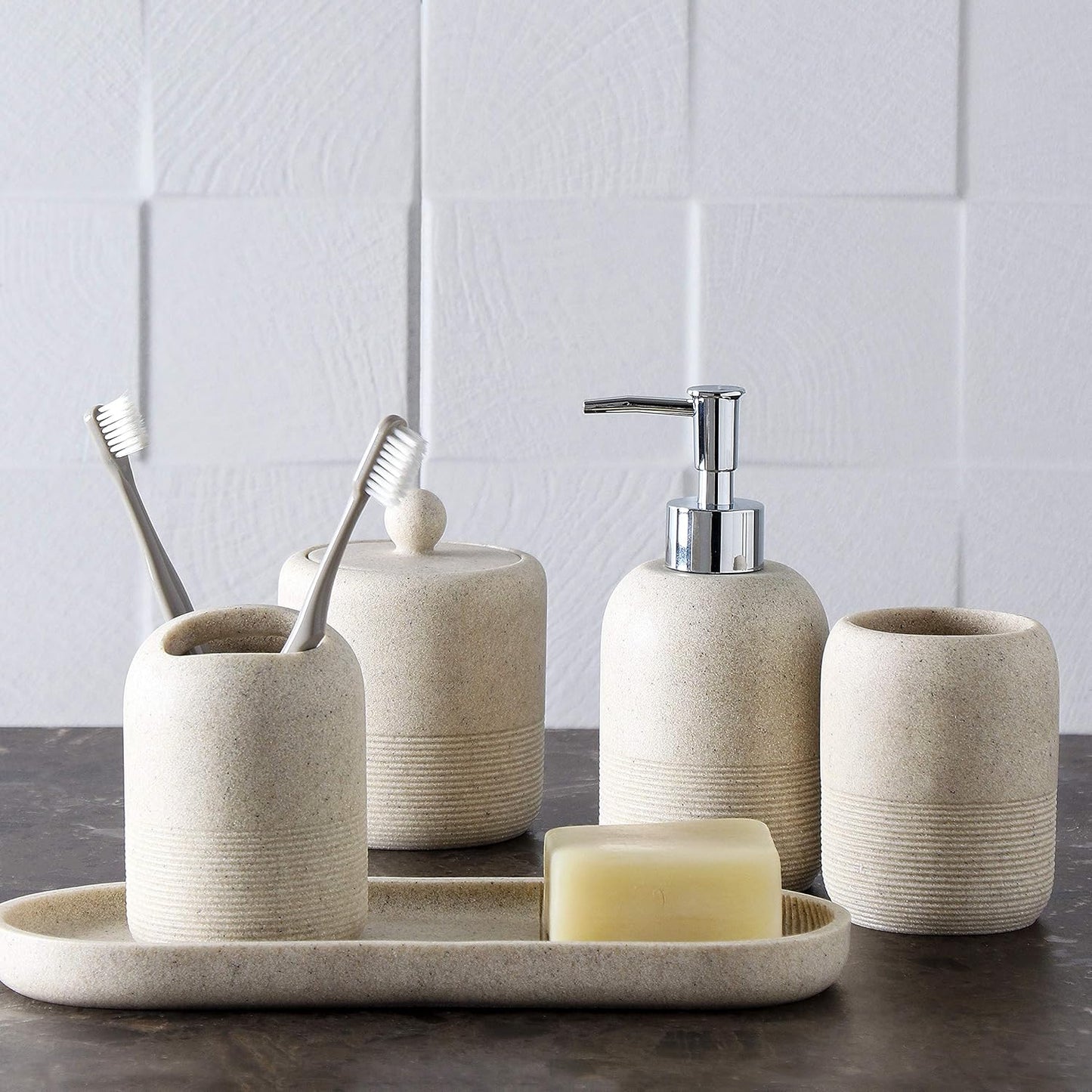5-Pieces Bathroom Accessory Set Hight Quality Polyresin Ensemble-Lotion Dispenser/Toothbrush Holder/Cotton Jar/Tray/Tumbler Cup, Beige