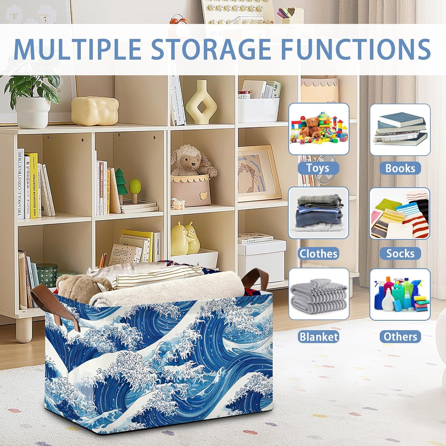 Ocean Wave Storage Baskets,Japanese Foldable Organizer Bin with Handles for Home Living Room Bedroom Closet Box 17x11.5x10Inch