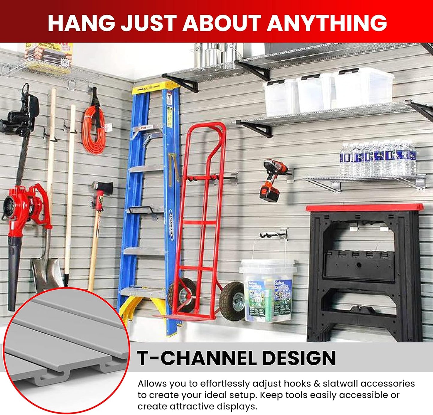 DLDIRECT 3 Colors - Slatwall Panel Garage Organizer: Heavy Duty Wall Mounted PVC Rack, Interlocking Slat Paneling for Garage Storage, Slotwall Board, Shelves System