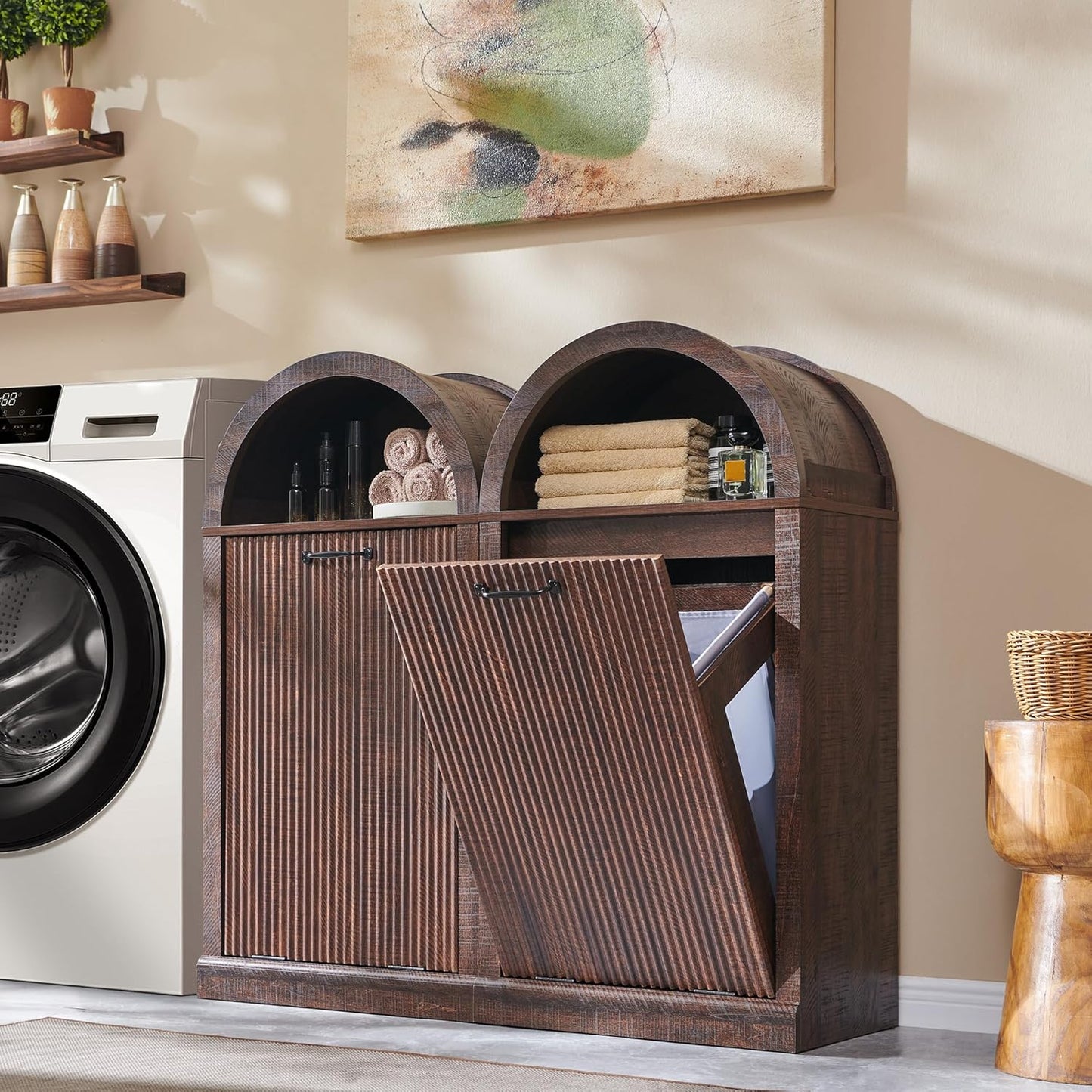 Arched Tilt-Out Trash Can Cabinet, Fluted 10 Gallon Trash Can Cabinet Set of 2, Modern Laundry Hamper, Hidden Garbage with Storage Basket for Kitchen, Living Room, Brown