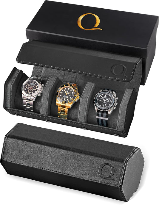 QWATCHBANDS Napa Leather Watch Rolls for Men - Hexagon Triple Watch Roll Travel Case for 3 Watches - Storage Organizer Genuine Leather with Velvet Interior Display (Black/Charcoal)