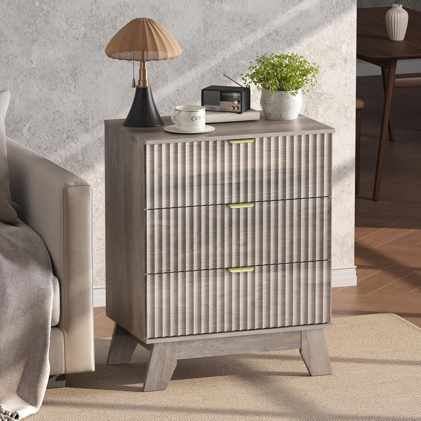 Grey Night Stand with 3 Drawers, Bedside Table & End Table, 24" Wide Mid Century Modern Fluted Wood Nightstand with Metal Handles, Farmhouse Night Stands for Bedroom, Gray