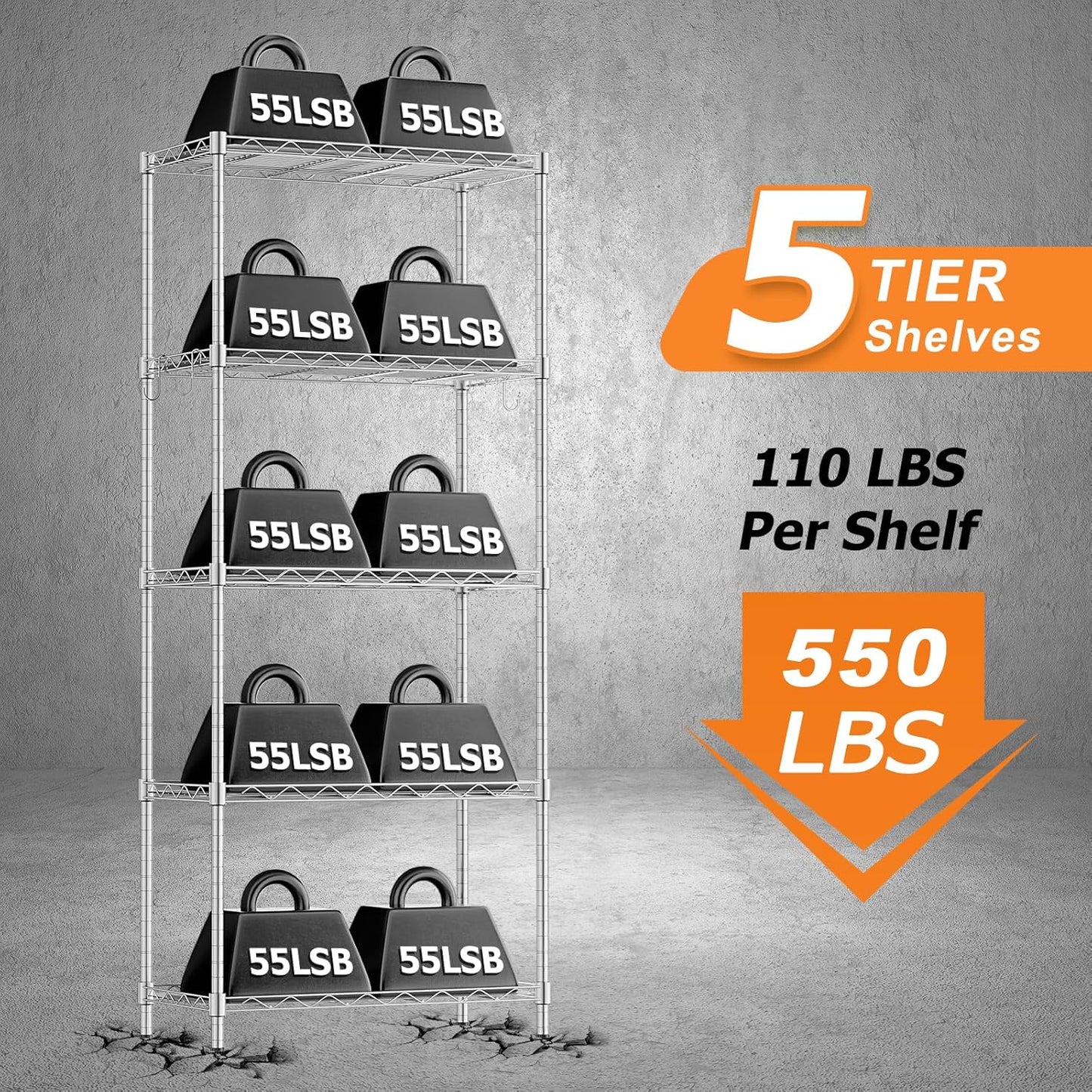 Storage Shelves,21.3" W x 11.8" D x 58.5" H Wire Shelving Unit Loads 550LBS,5-tier Adjustable Metal Utility Shelf,Garage Shelves with Liner and Hooks,Home Storage Rack for Kitchen,Laundry,Pantry