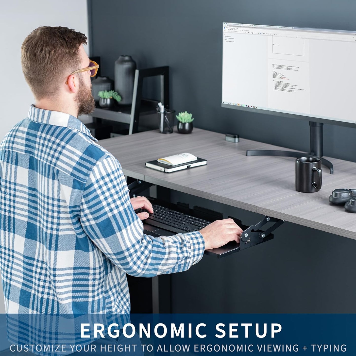 VIVO Large Under Desk 27 x 11 inch Computer Keyboard and Mouse Tray with Swinging Height Adjustment, 12 Settings, Platform Drawer for Typing, Black, MOUNT-KB08S