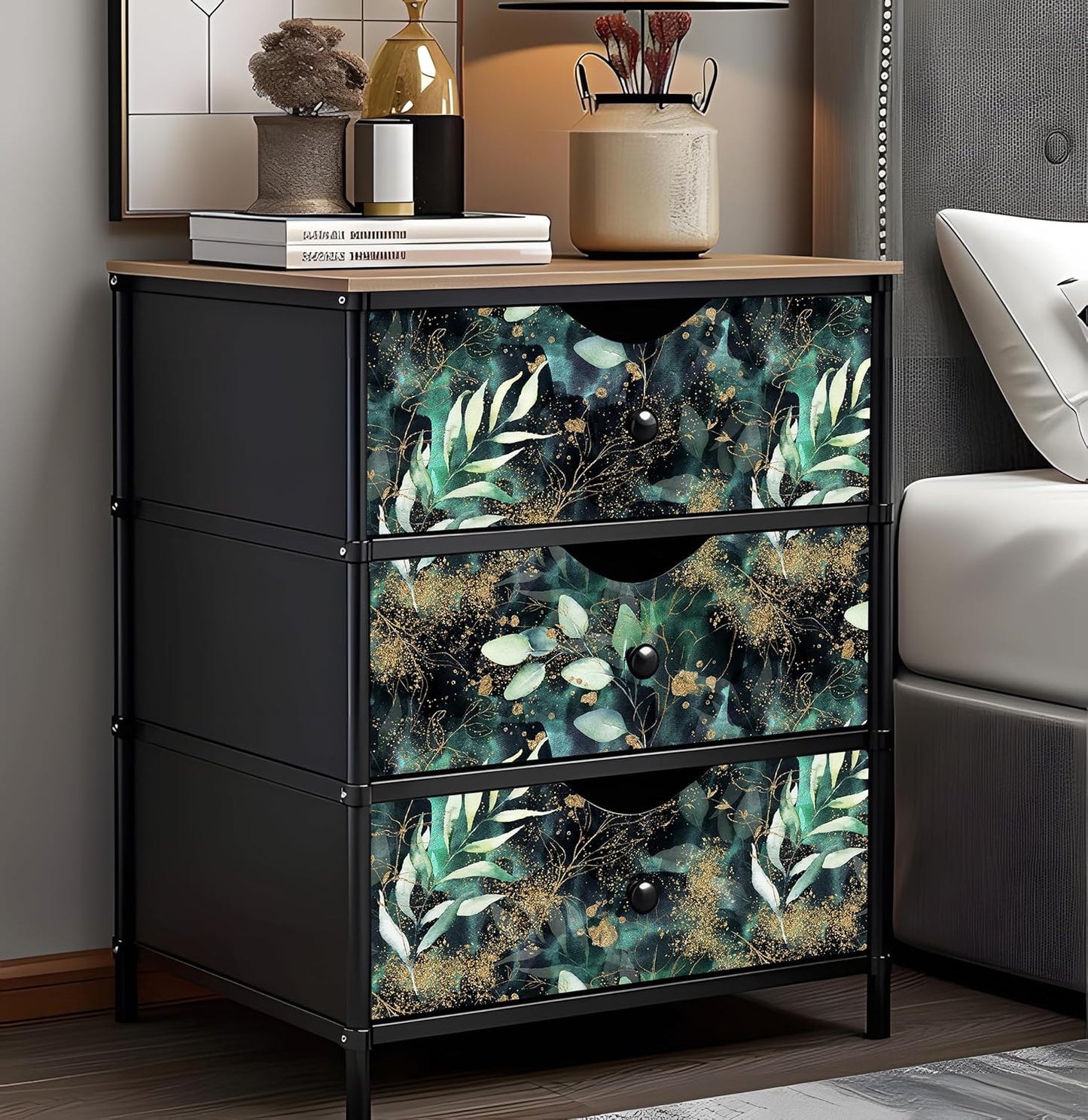 HAOKHOME Self Adhesive Shelf Liner and Drawer Liner Black Floral, Peel and Stick Cabinet Liners, Kitchen Cabinets and Cupboard, Bathroom Drawers, Black/Green/Matte Gold 17.3in x 6.5ft