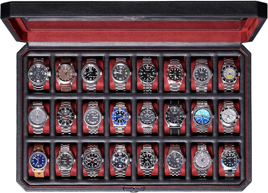 ROTHWELL 24 Slot Watch Case with Lock – Luxury Watch Box to Display and Organize Your Collection | Real Glass Top | Premium Storage for Collectors (Black/Red)