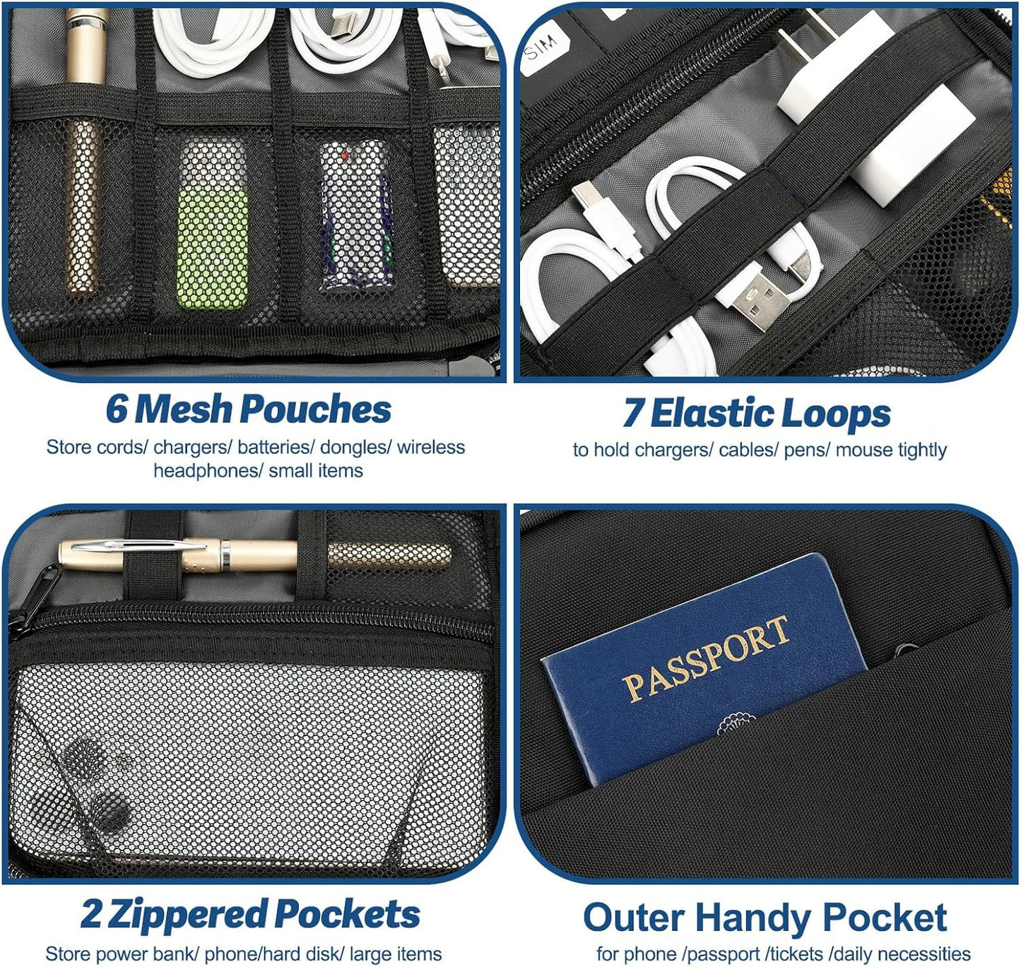 Electronic Organizer Travel Case, All-in-One Portable Cable Organizer Bag for Storage, Cord Organizer Tech Accessories for Cables, Chargers, Power Bank, Flash Drive, SD Card