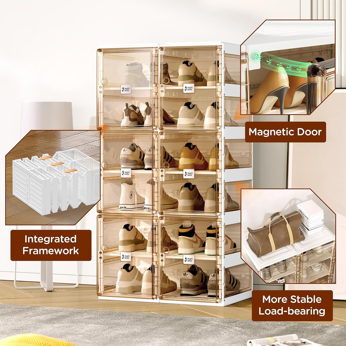 ANTBOX Foldable Shoe Rack,Shoe Organizers for Closet Plastic Shoe Storage Box for Entryway,Living Room,Large Sturdy Stackable Sneaker Cabinet Bins with Magnetic Clear Door 8 Tiers 16 Pairs