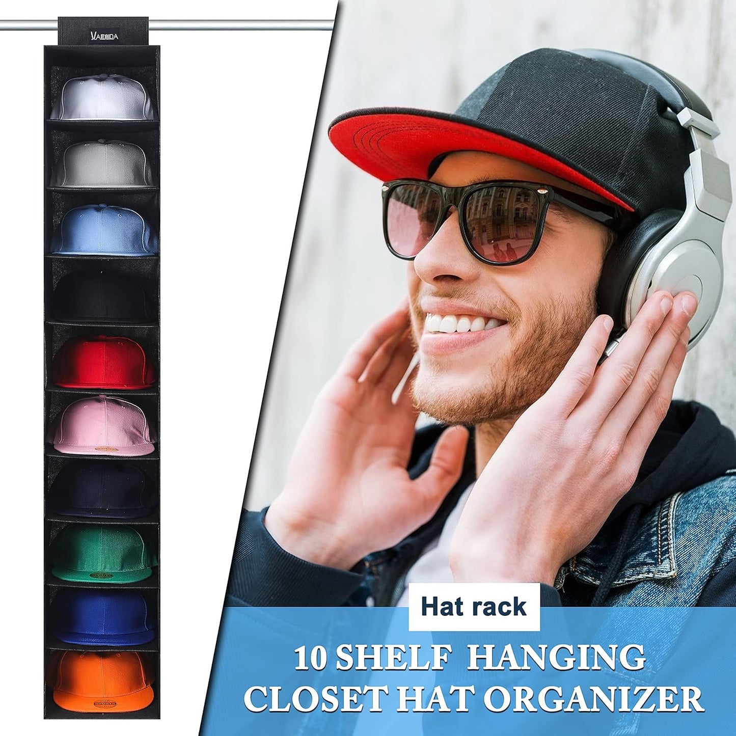 VAESIDA Hat Rack for Closet, 10 Shelf Hanging Hat Organizer for Baseball Caps Storage, Hat Holder Organizer for Hat Display, Best Space Saving Hat Racks for Baseball Cap Organizer, Black