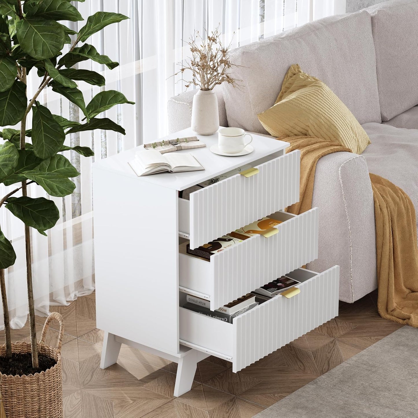 Night Stand Set 2, Bedside Table & End Table, Mid Century Modern Fluted Wood Nightstand with 3 Drawers & Metal Handles, Farmhouse Nightstand for Bedroom, White