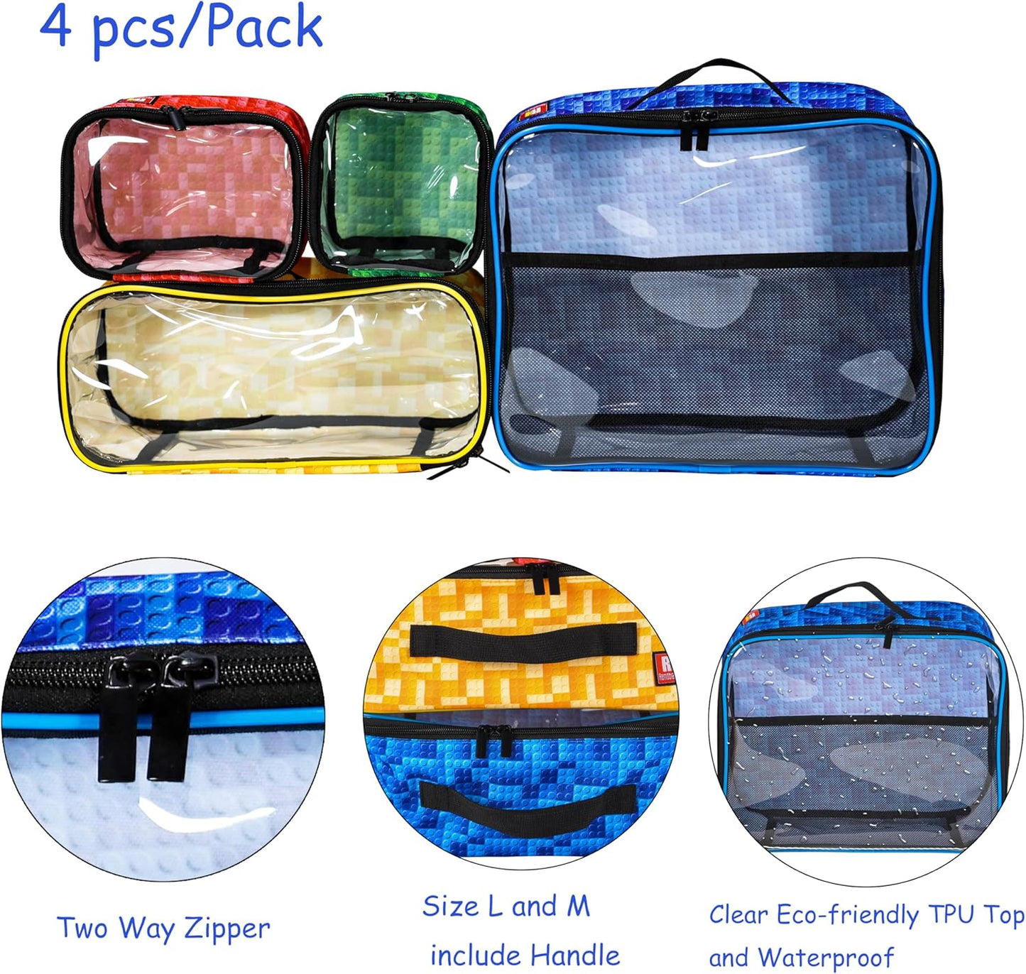 4-piece Kids Toy Storage Organizer Set Bag for Toy Building Bricks with See Through Clear TPU Top, Small Toy Packing Cube Bags, Clean Up Container case (grid pattern)