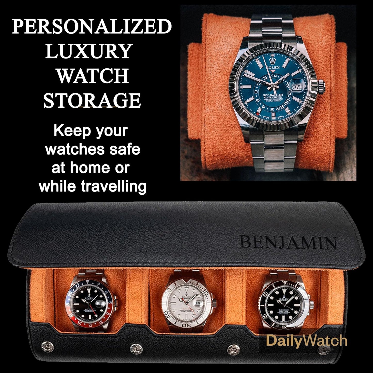 DailyWatch | Personalized Watch Roll Travel Case For 3 Watches - Handmade Genuine Leather Travel Case With Custom Engraving of Name or Initials - Black Orange