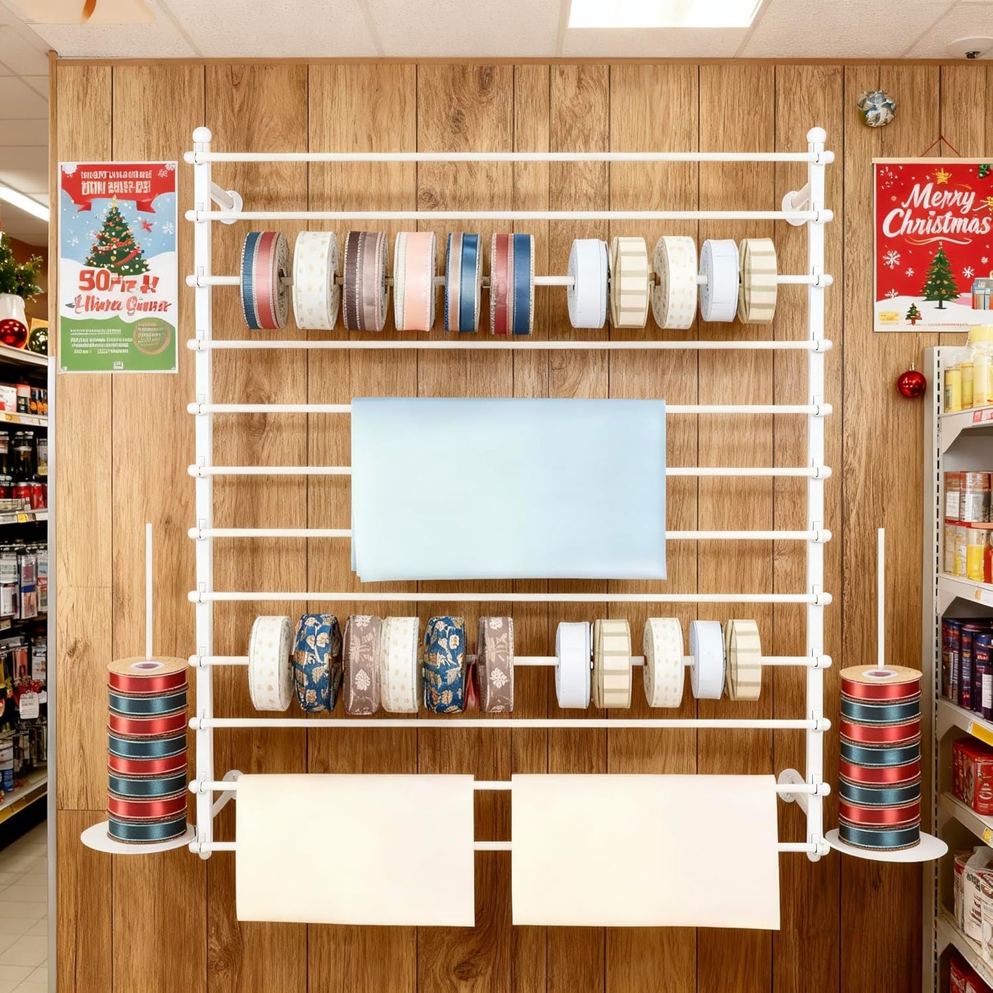 12 Layers 120cm White Wall Display Stand Wrapping Paper Ribbon Organizer Holder Storage Scarf Tie Belt Towel Spool Sewing Tool Hijab Metal Shelving for Home, Retail Stores, Flower Shop, Studio