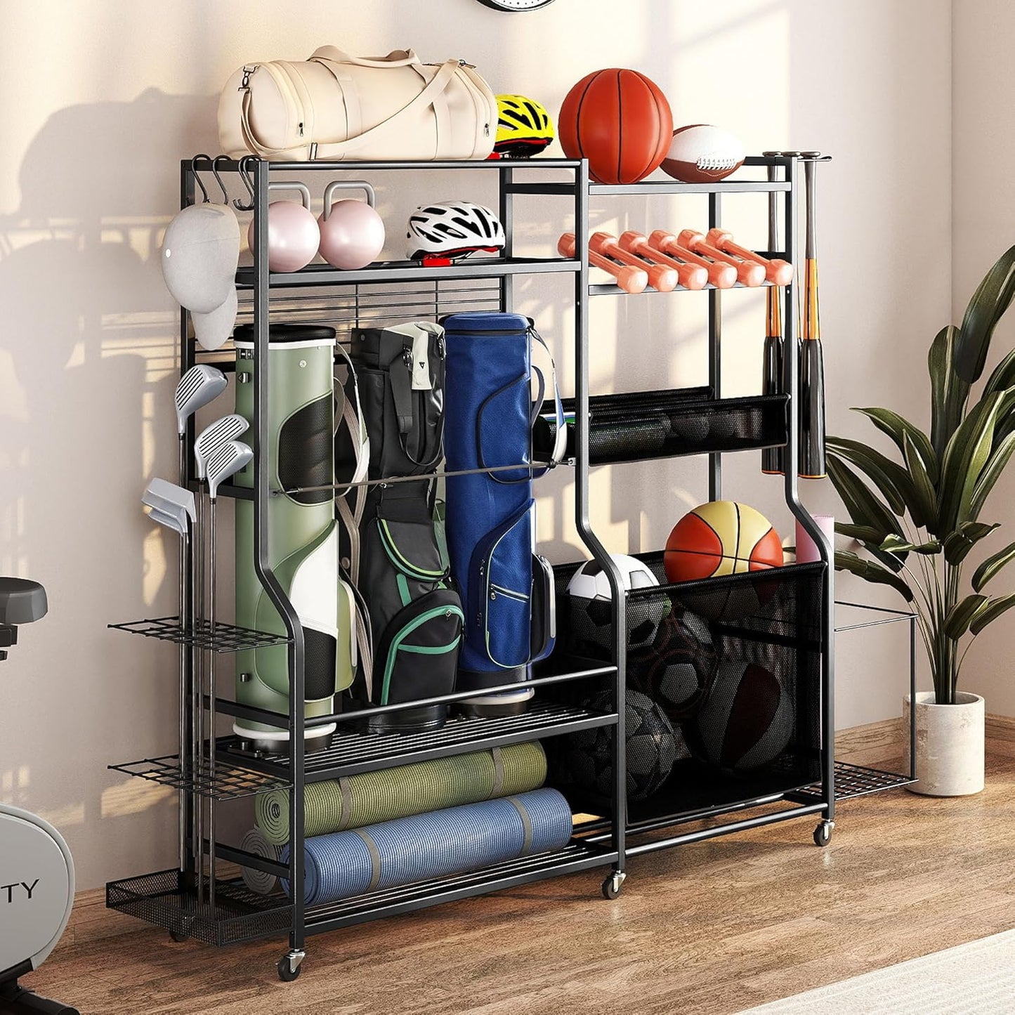 YITAHOME Multi-Functional Sports Organizer for Garage, Golf Gear Storage Rack for 3 Bags and Clubs, Ball Storage Bins with Wheels, Multi-Layer Sports Equipment Rack with Hooks