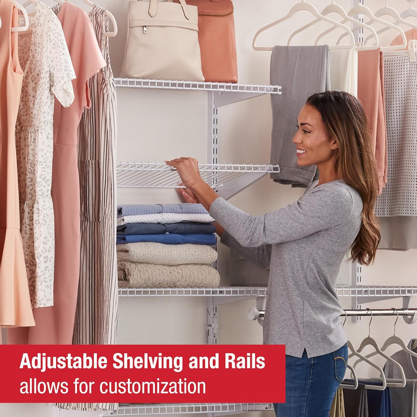 Rubbermaid Configurations Custom Closet Kit 4-8 Ft. Adjustable Metal Wire Shelving White Finish Expandable Organization System Hardware Included for Home Closet/Pantry/Laundry/Mudroom