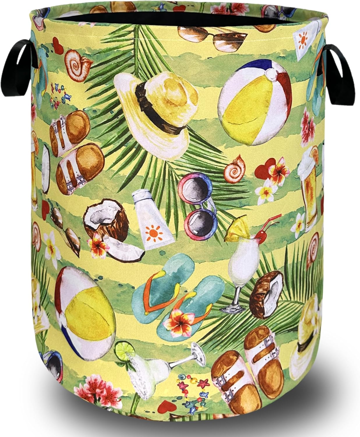 Happy Summer Time Laundry Hamper With Handles Foldable Oxford Cloth Tote Bag Colorful Hawaii Beach Funny Laundry Basket Clothe Toy Storage Bucket 18.9"x16.5"For Bathroom/Laundry/Bedroom