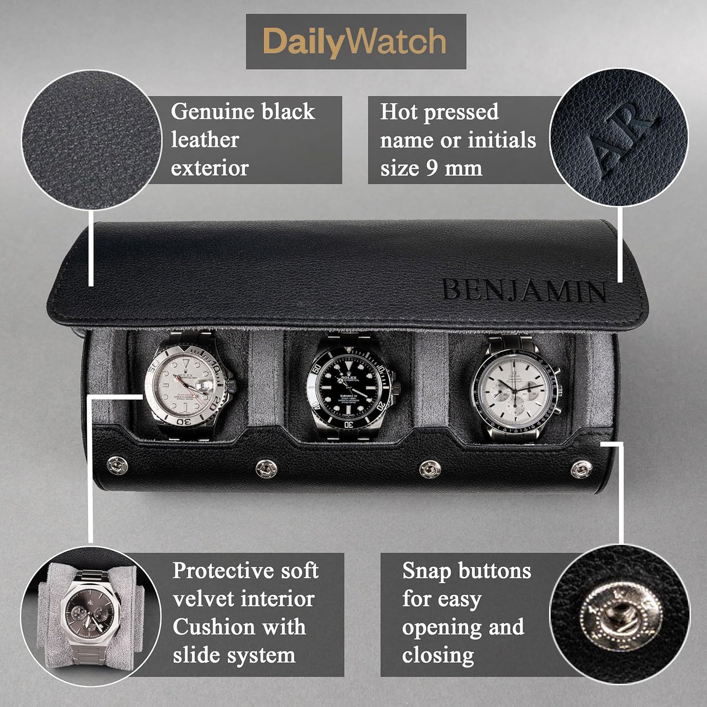 DailyWatch | Personalized Watch Roll Travel Case For 3 Watches - Handmade Genuine Leather Travel Case With Custom Engraving of Name or Initials -