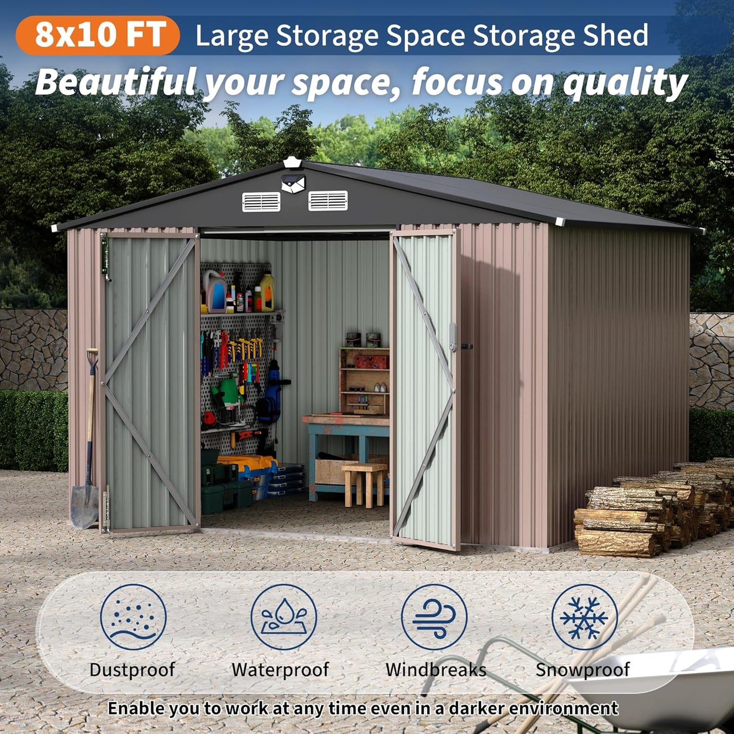 8x10 FT Metal Storage Sheds Outdoor with Solar Light, MetalTool Shed with Lockable Door, MetalYard Sheds Garden Shed Kit, Metal UtilitySheds Buildings with Air Vent for Backyard Garden Patio Lawn