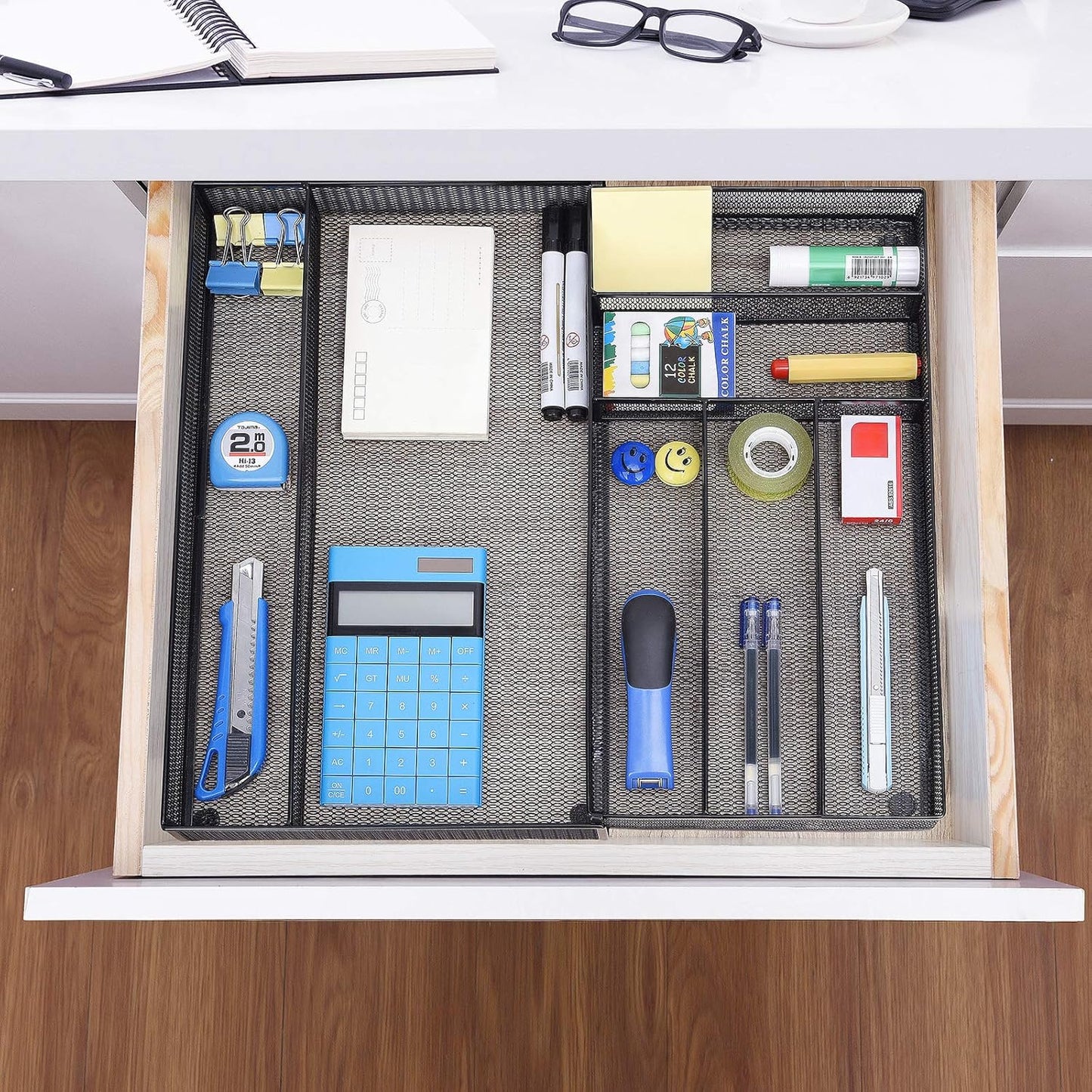 WuGeShop Expandable Office Desk Organizer, 7 compartments Mesh Desk Drawer Organizer Desk Organizer tray, Metal Office Supplies Accessories Storage, Black