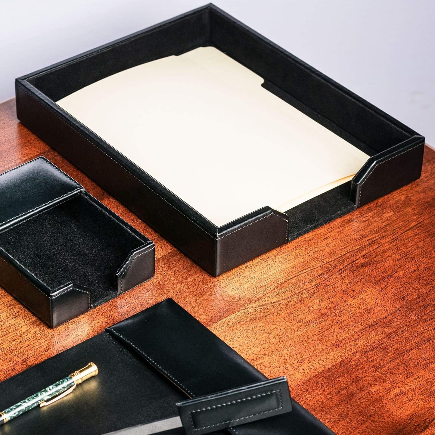 Dacasso Bonded Leather Desktop Tray Luxury Letter Holder & Paper Organizer for Desk, 13.5in x 10.5in x 2.13in, Black