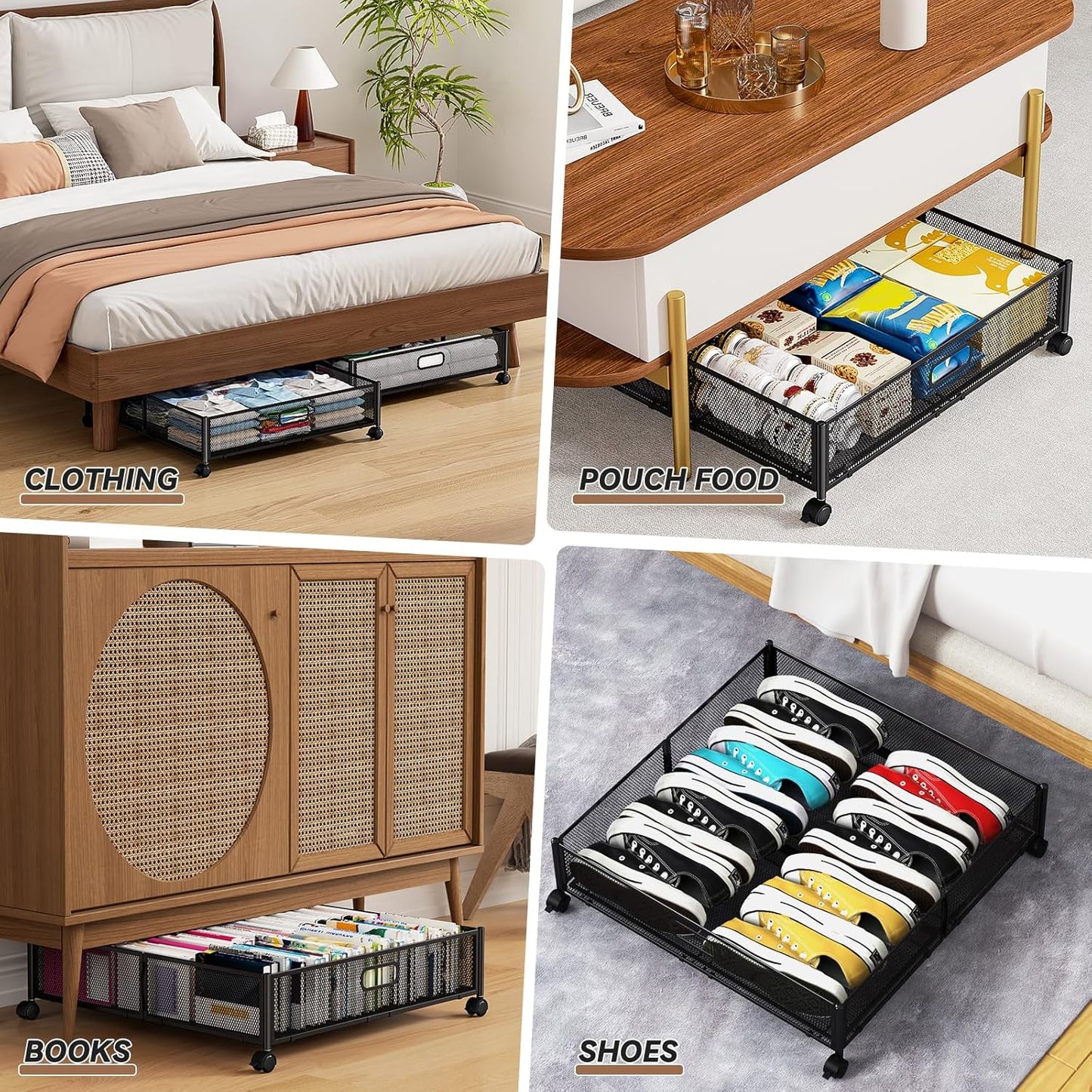 PHINOX Under Bed Storage Containers with Wheels - Shoe Storage Organizer Drawer, Tool-free Assembly Metal Underbed Storage for Bedroom Clothes, Shoes, Blankets - 2Pack