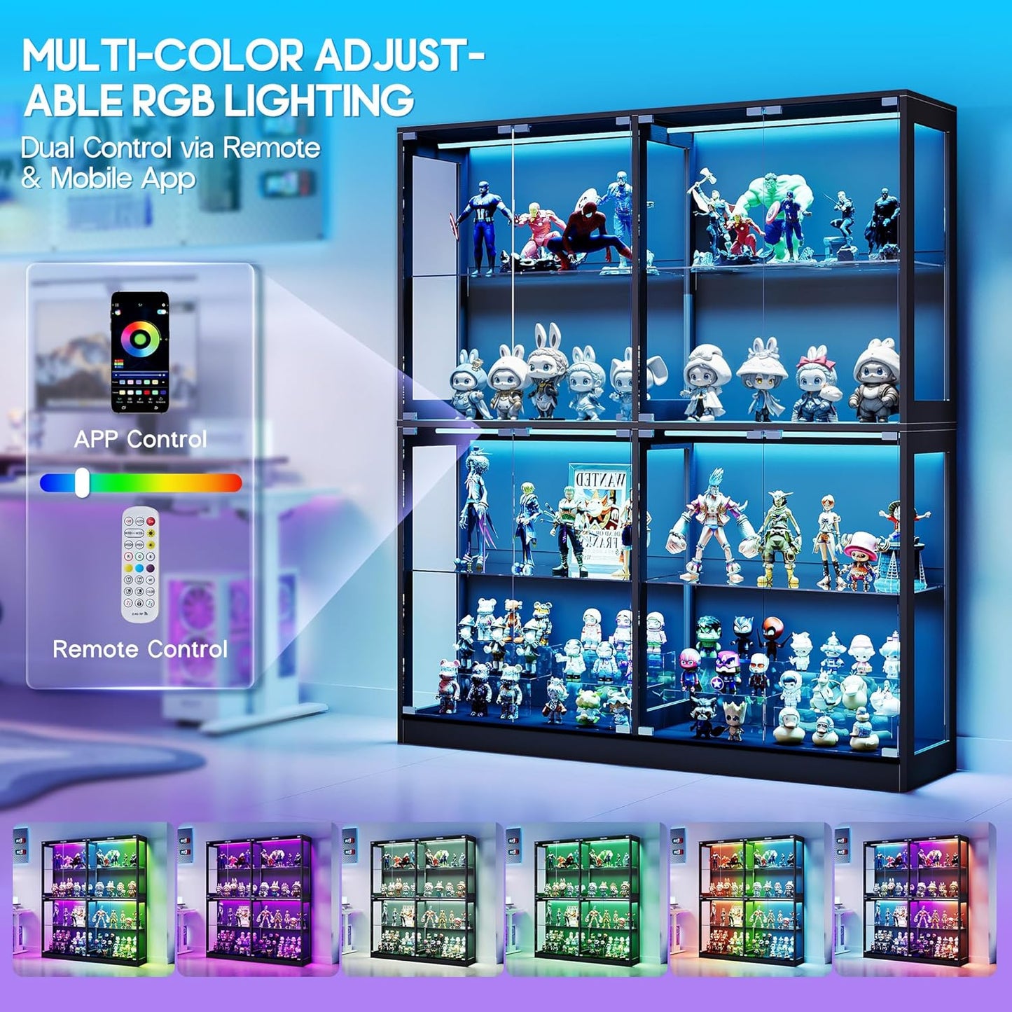 AMERLIFE RGB Display Cabinet with Adjustable Glass Shelves, 4-Tier Storage Case with LED Lights & Press-to-Open Doors, Modern Display Shelf for Collectibles, Black 70" H×60" L×16" D
