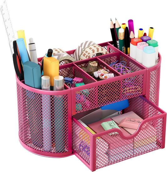 EasyPAG Mesh Pen Holder Desk Organizer with Drawer Stationery Supplies Organizer for Dorm School 9 Compartments Workspace Desk Accessories Organization for Office, Hot Pink