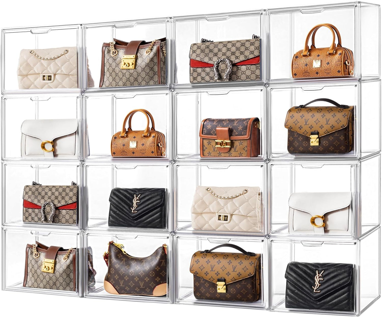 HBlife 16 Pack Purse Storage Organizer for Closet, Large Clear Stackable Handbag Display Case Box with Magnetic Door for Collectibles, Cosmetics, Women Heels and Toys