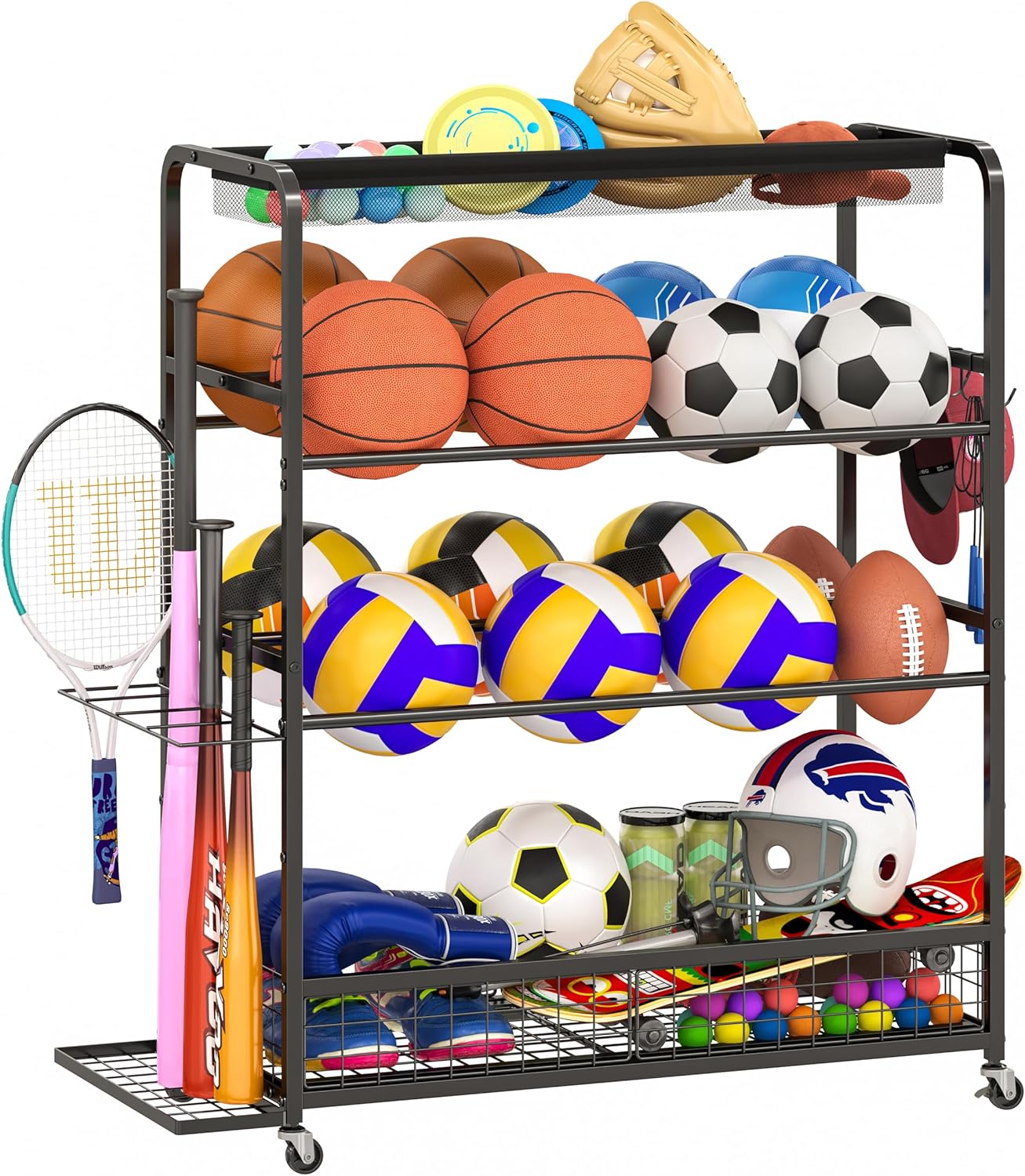Garage Sports Equipment Organizer,Sports Ball Organizer with Wheels,Basket,Ball Organizer with Baseball Bat Rack and HooksToy Storage Rolling Cart-Black