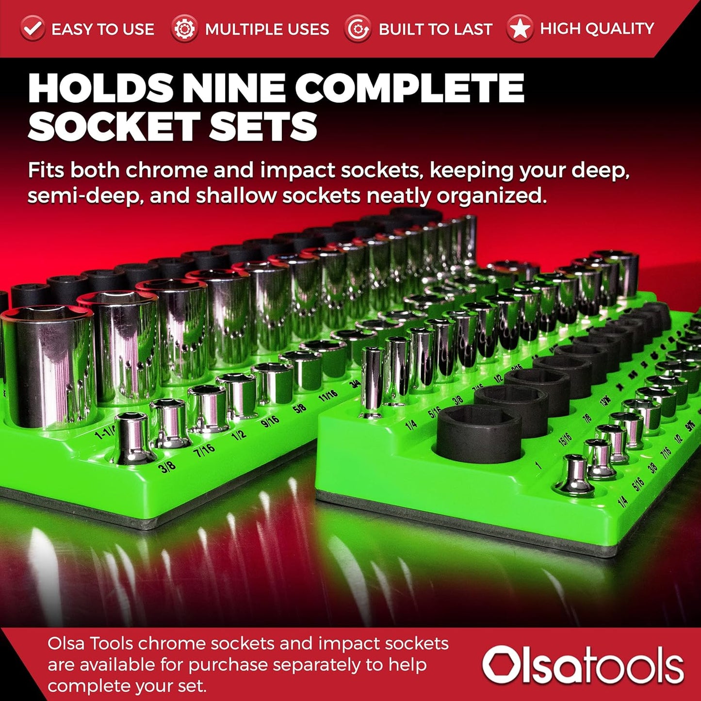 Olsa Tools Magnetic Socket Organizer | 3pc Socket Holder Kit | 1/2-Inch, 3/8-Inch, 1/4-Inch Drive | Socket Organizers For Toolboxes | Green | Holds 123 | Professional-Grade Tool Organizer | Part 1561