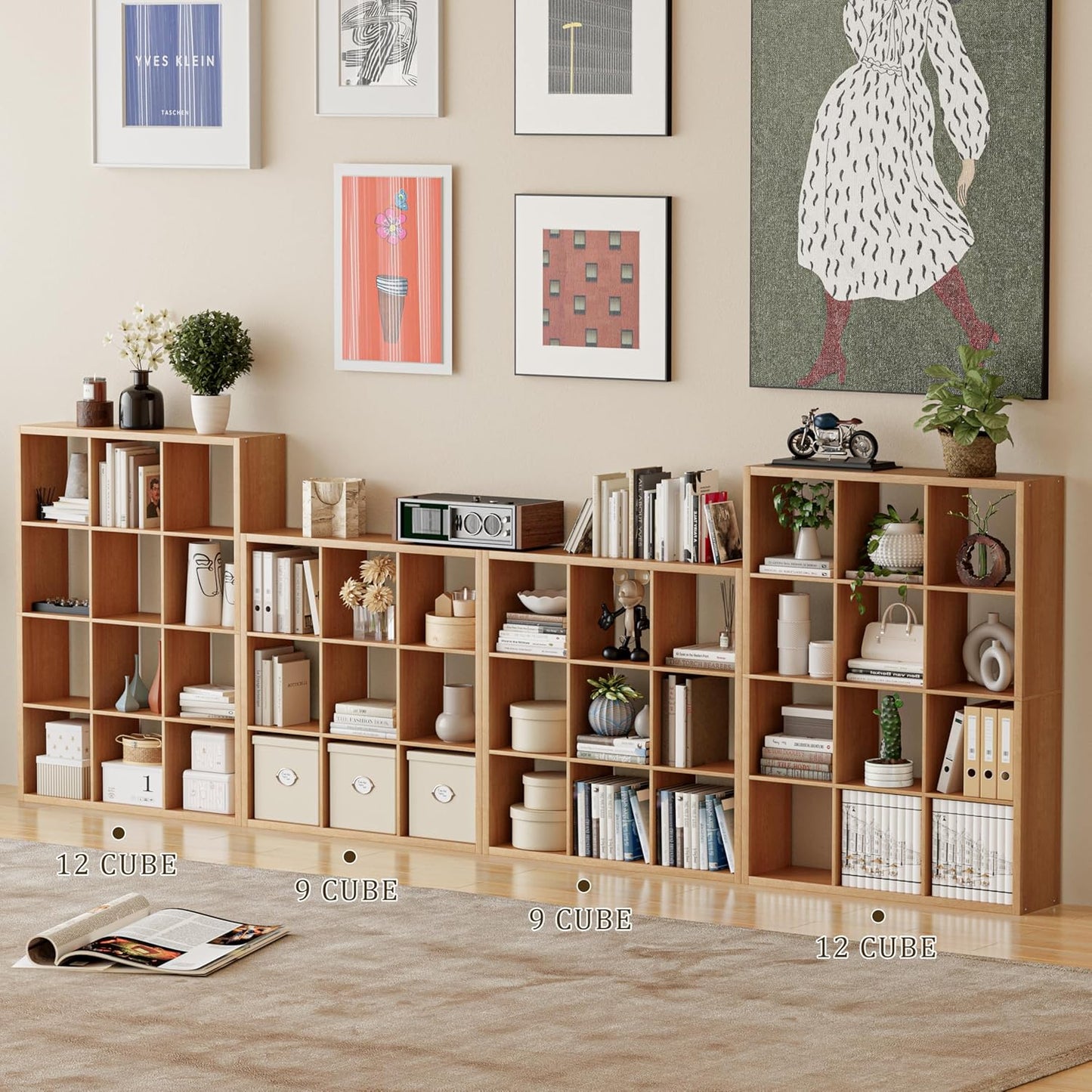 Cube Storage Organizer Bookcase, Decorative 11 inch Open Back Cubical Shelf with Thickened Border, Display Bookshelf for Living Room, Home Office, Sturdy Room (Natural Oak, 12 Cube)