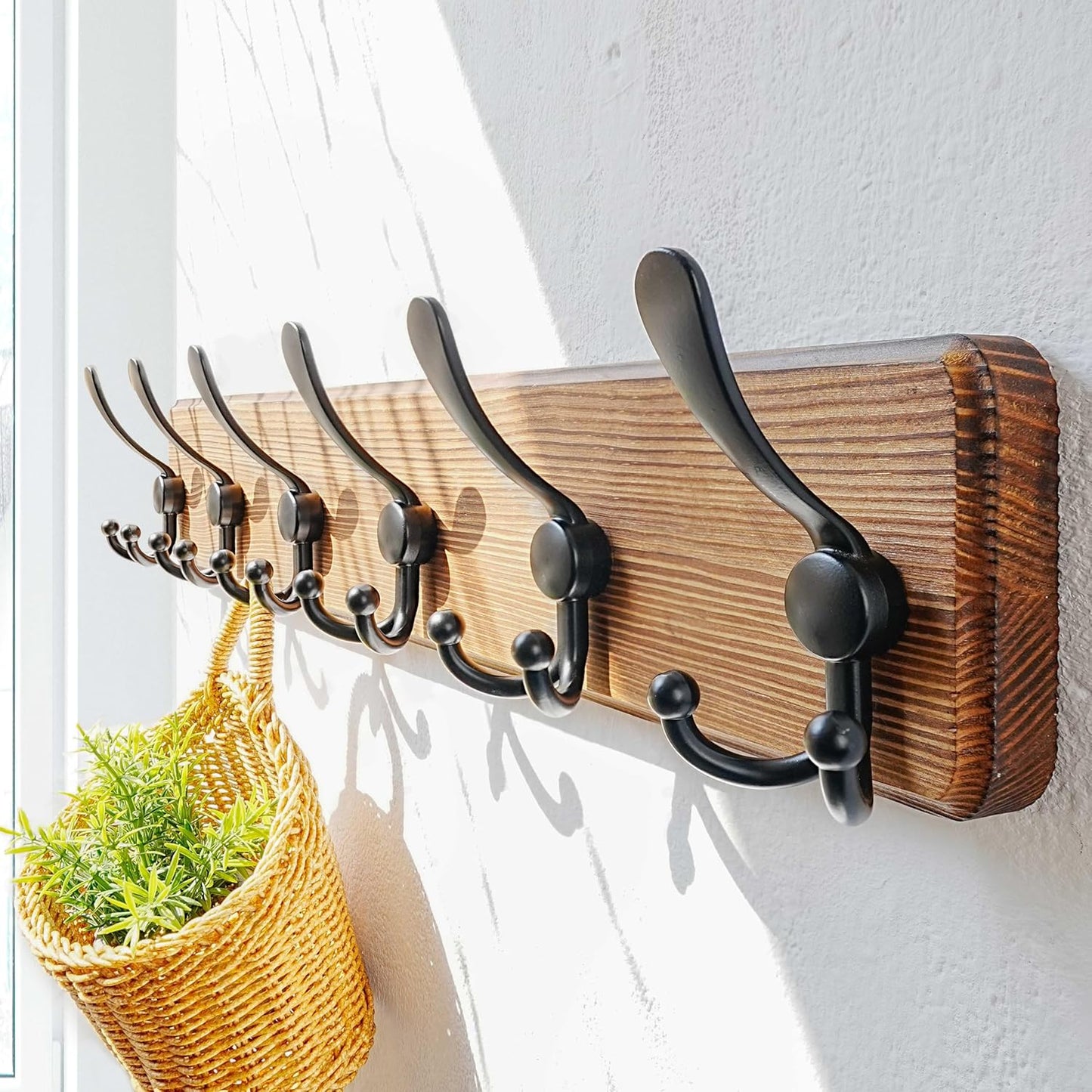 Dseap Coat Rack Wall Mounted - 24" Long 6 Tri Hooks, Heavy Duty Wooden Wall Coat Hanger Coat Hook for Clothes Hat Jacket Clothing, Natural and Black, Pack of 2