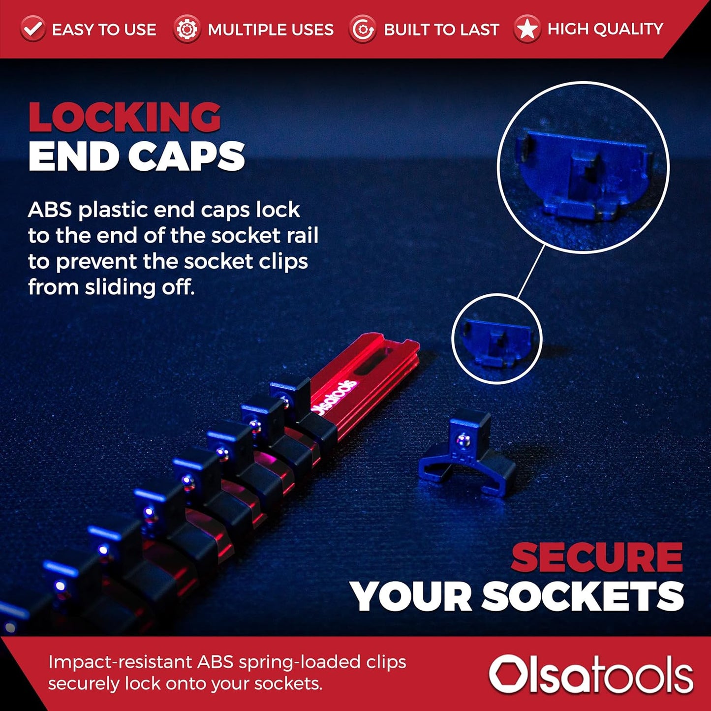 Olsa Tools 3/8-Inch Drive Aluminum Socket Organizer with Locking End Caps | Professional Quality Socket Holder (RED)
