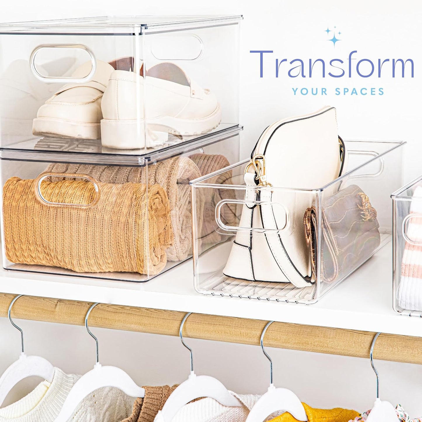 primebox Plastic Food Storage Clear Container Bin with Handles for Organizing Kitchen, Pantry, Fridge, Freezer, Pantry,Bathroom. 16"x6"x5"