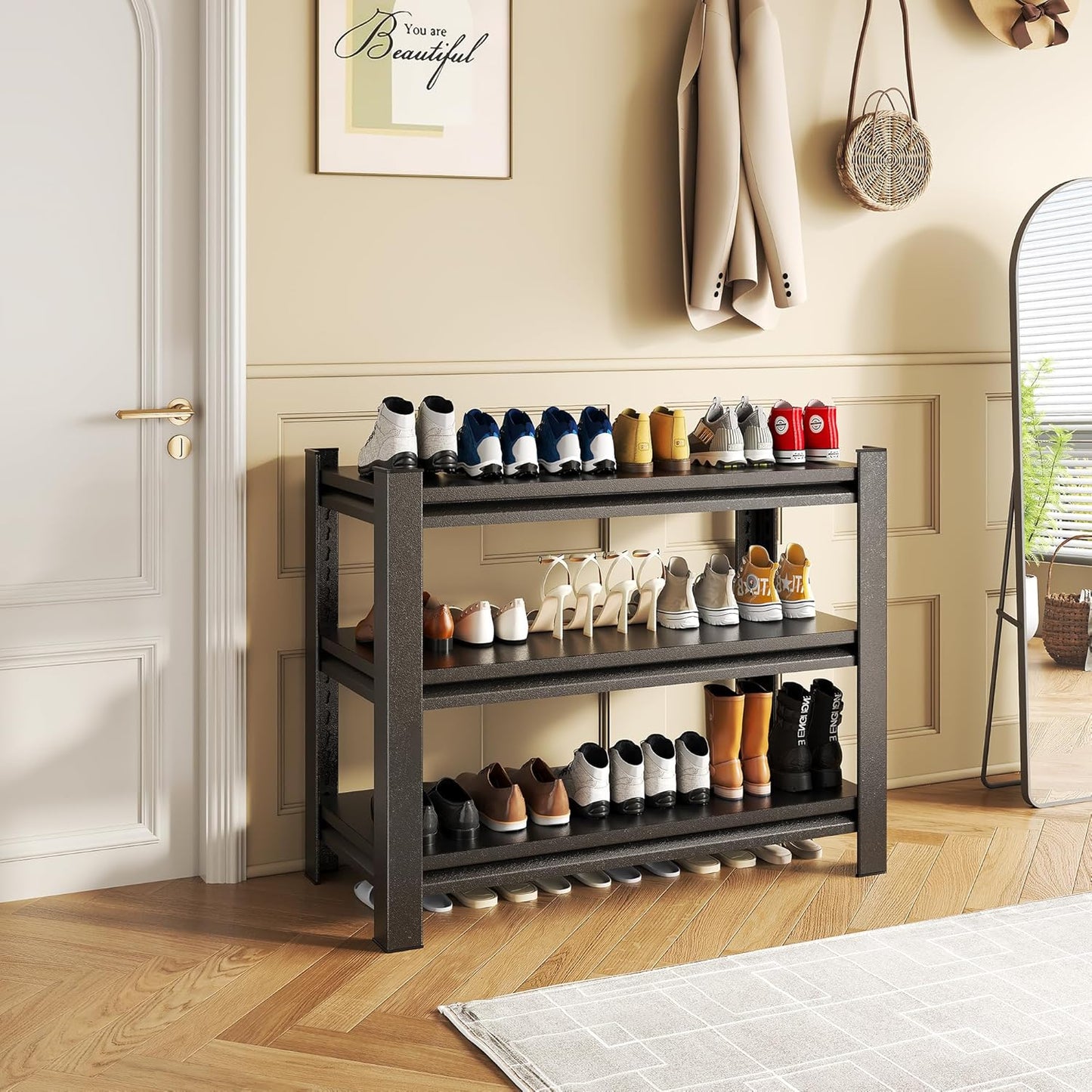 Storage Shelves, Garage Metal Shelving Unit, Adjustable, Double-Layer Column with Reinforced Ribs, Heavy-Duty, Capable of Bearing 600-3600 lbs (Black, 32 * 24 * 14, 3-Tier)