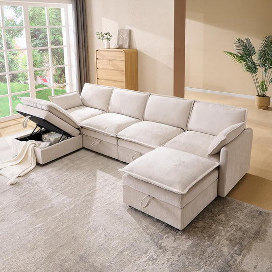 116.54" Sectional Couches for Living Room, Cloud Couch Sectional with Large Storage, U-Shape Modular Sectional Sofa with Ottoman,6 Seater Chenille Sofa with Pillow for Apartment, Bedroom, Beige