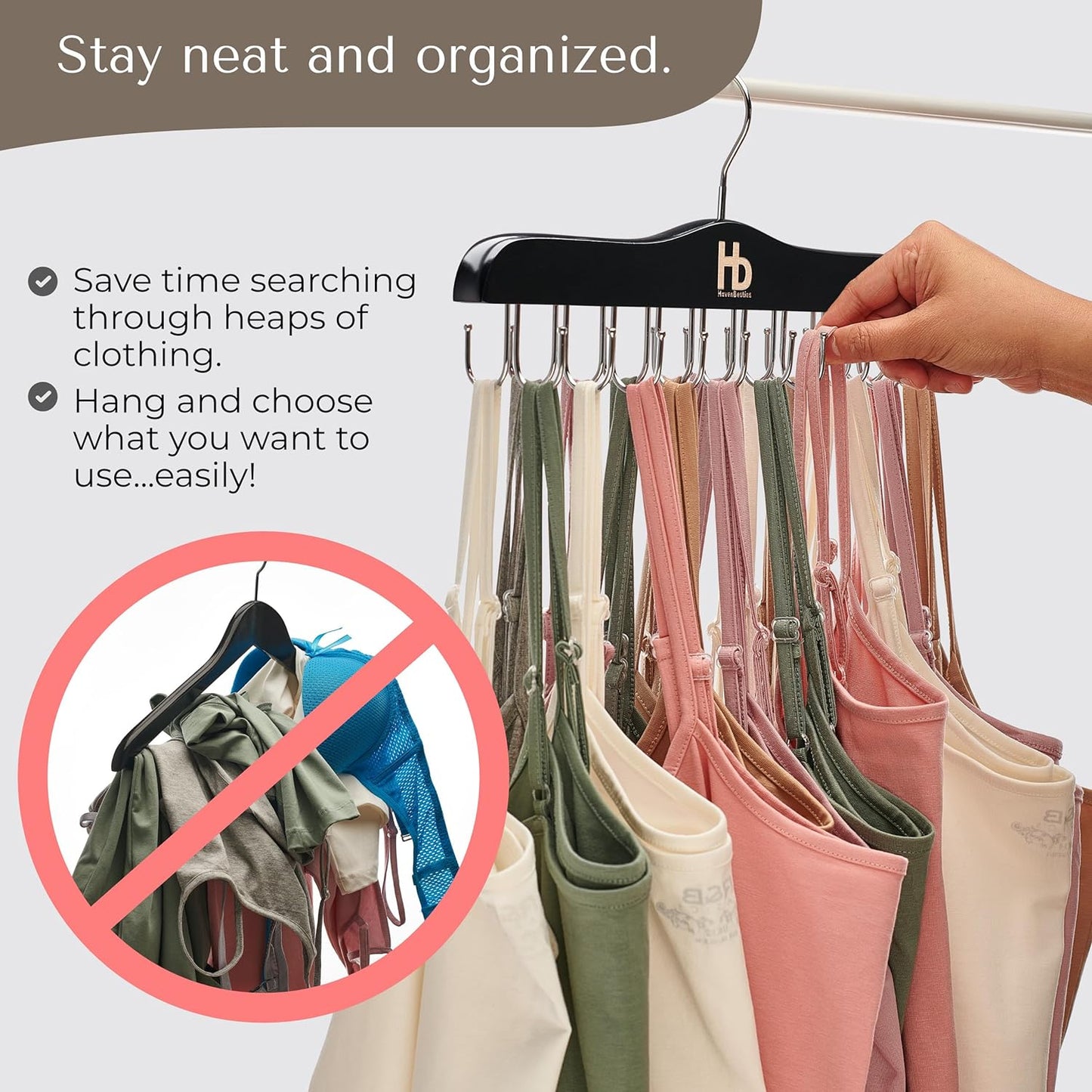 Large Bra Hanger and Bra Organizer for Closet – Tank Top Hanger Space Saving for House, Dorm, Apartment - Foldable Wooden for Closet Organizer– with 20 Hooks, Lotus Wood, Black, 2 Pack