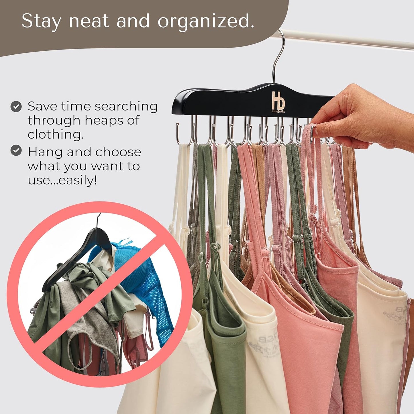 Large Bra Hanger and Bra Organizer for Closet – Tank Top Hanger Space Saving for House, Dorm, Apartment - Foldable Wooden for Closet Organizer– with 20 Hook - Lotus Wood, Black, 1 Pack