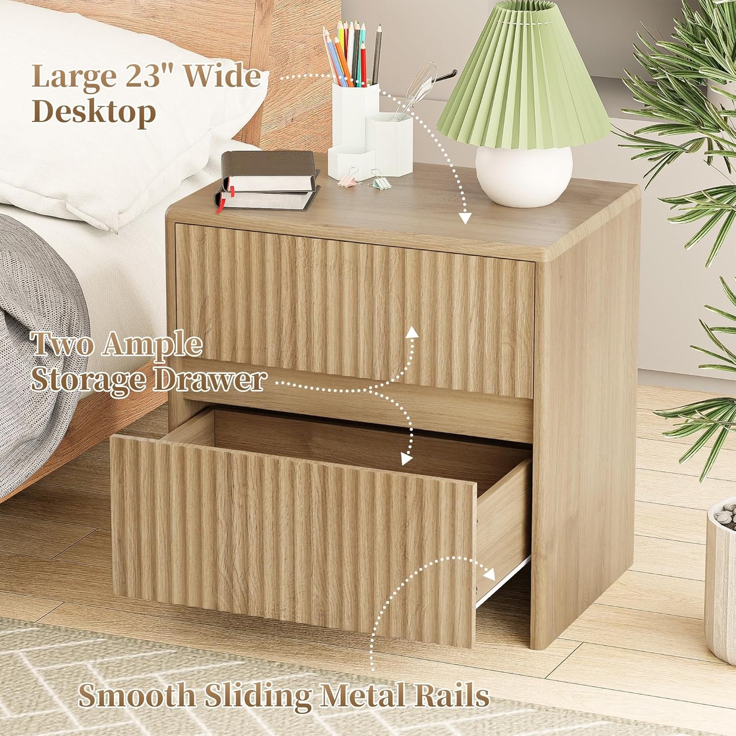 Fluted Nightstand, 23" Wood Bedside Table with 2 Storage Drawers, Oak Modern Night Stand for Bedroom, Office, Oak