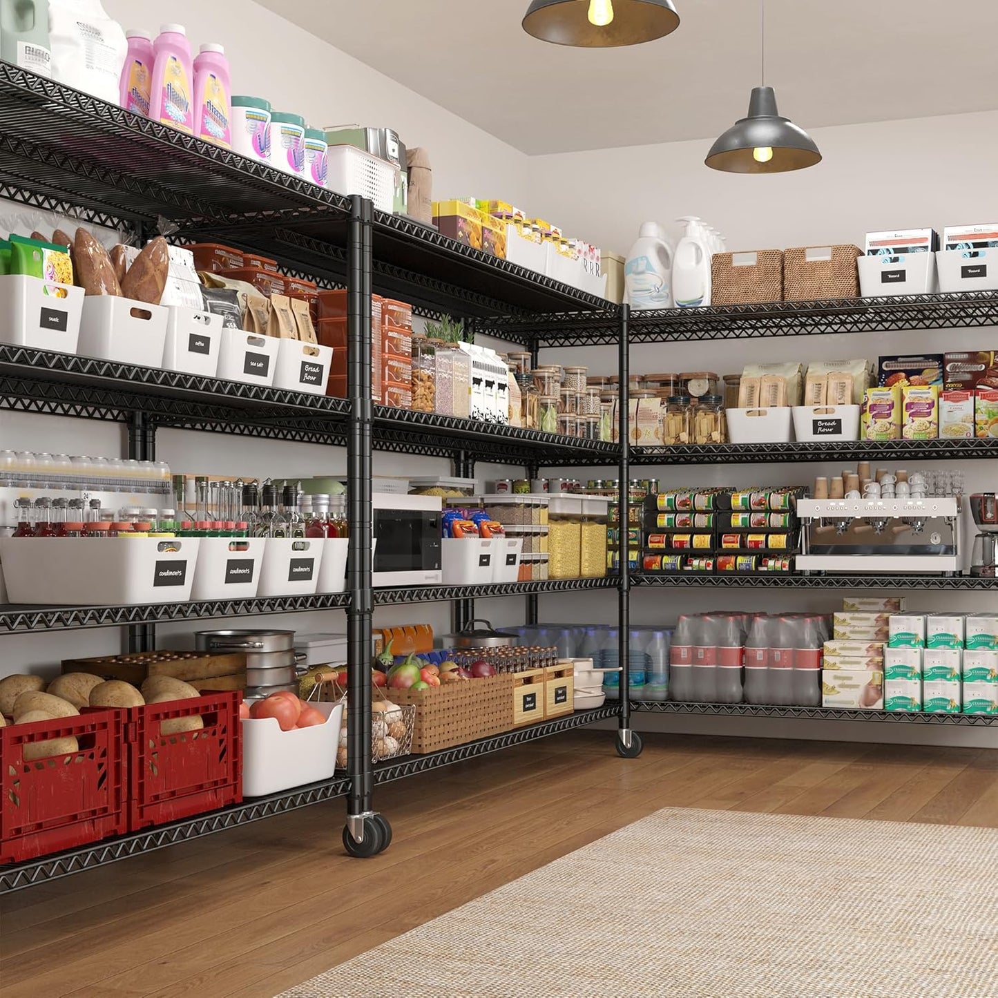 REIBII 60''W Storage Shelves 2399LBS Wire Shelving with Wheels Garage Shelving Heavy Duty Metal Shelves for Storage Rack Adjustable Shelf for Commercial Garage Kitchen, 60" W x 18" D x 65.5" H