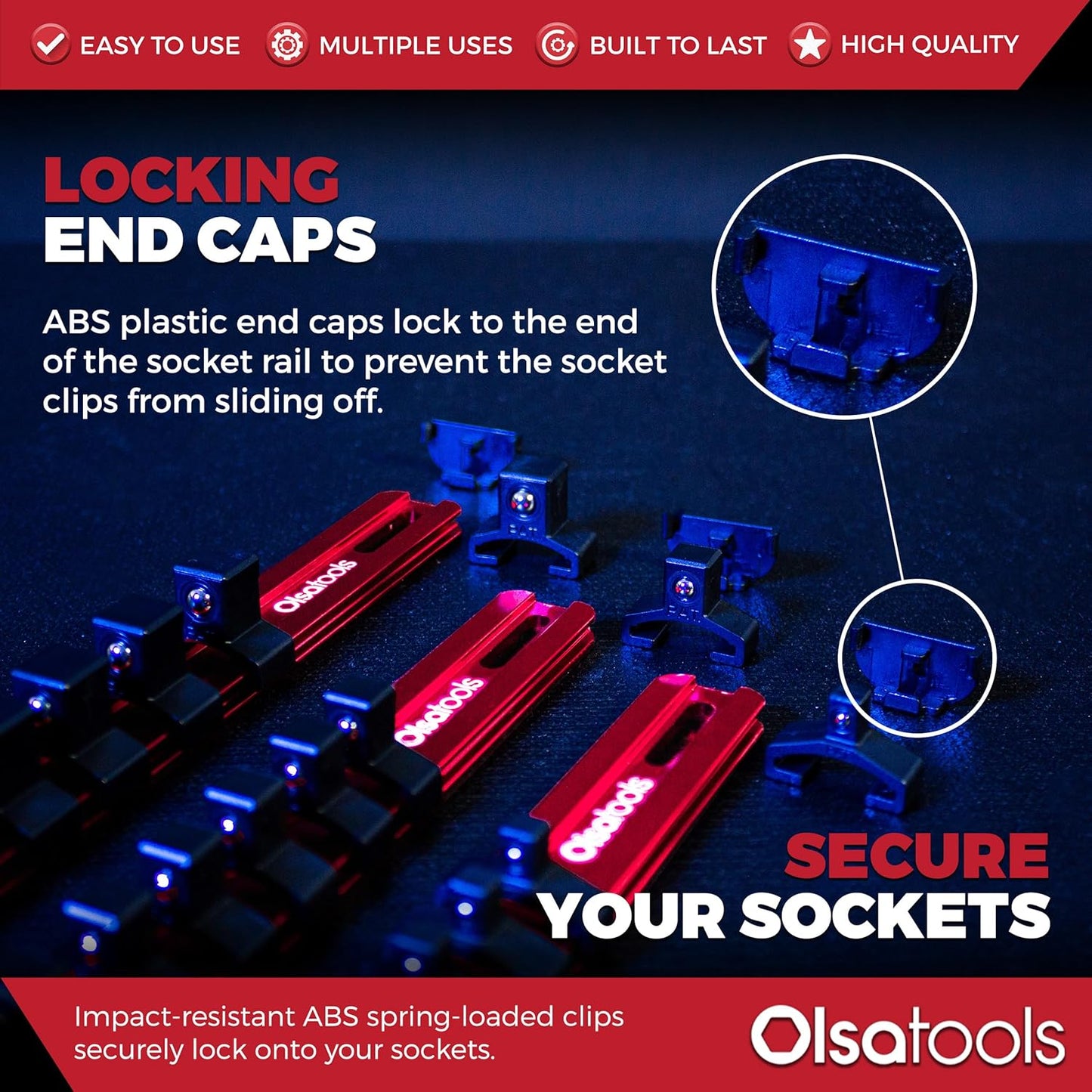 Olsa Tools 3-Pc Set Aluminum Socket Organizer | Locking End Caps | 1/4-Inch, 3/8-Inch, 1/2-Inch Drive Socket Holders with 24, 18, 16 Clips Each (Red)