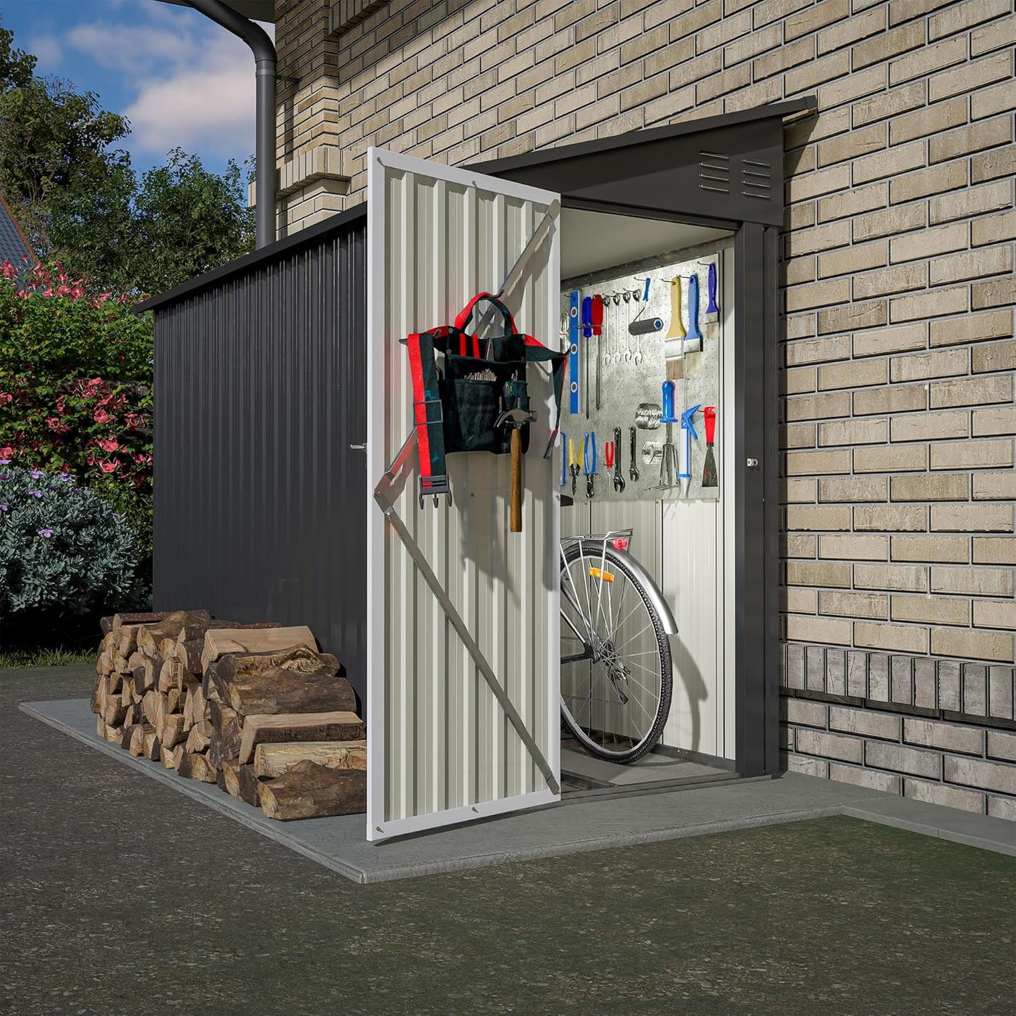 Outdoor Metal Storage Shed 4 x 8 ft, Garden Shed Lean to shed for Bike, Tool Outside Shed with Floor Base, Lock, Door for Backyard, Patio, Lawn, Black