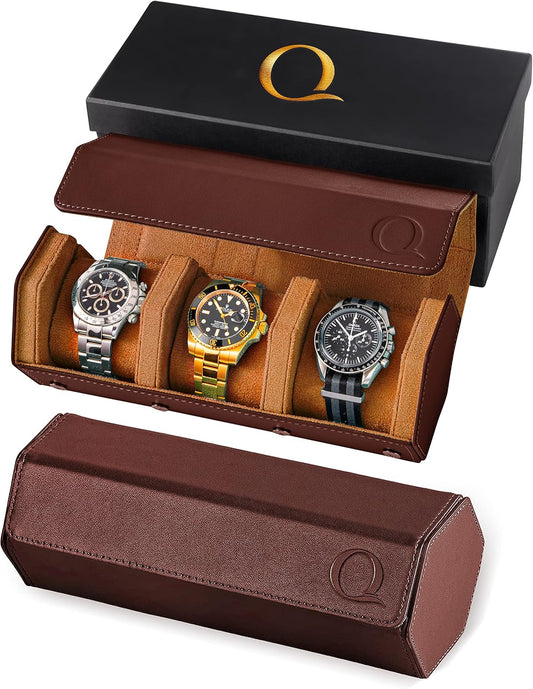 QWATCHBANDS Napa Leather Watch Rolls for Men - Hexagon Triple Watch Roll Travel Case for 3 Watches - Storage Organizer Genuine Leather with Velvet Interior Display (Brown/Tan)