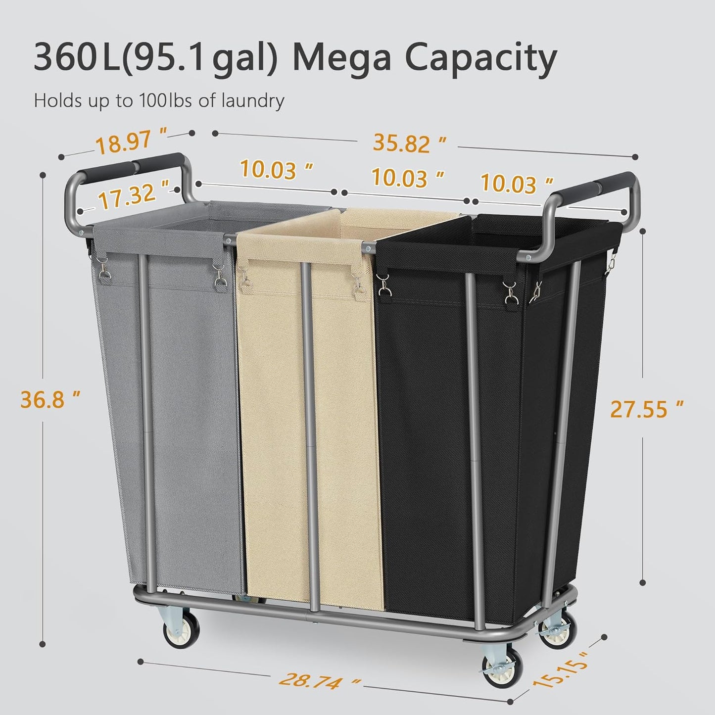 Large laundry hamper with Wheels, 360L 3 Bag Big Rolling Laundry Hamper Sorter Cart, Extra Large Laundry Clothes Hamper, Heavy Duty Laundry Basket Organizer for Laundry Room,Bathroom,Black
