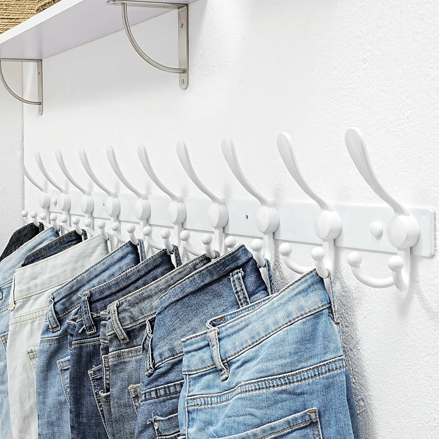 Dseap MaxStrong 2.0 Coat Rack Wall - 37” Long 10 Tri Hooks - Ultra Heavy-Duty Stainless Steel Wall Mount Coat Hanger, Hook Rail for Clothes Hats Jacket Towels White, Pack of 2