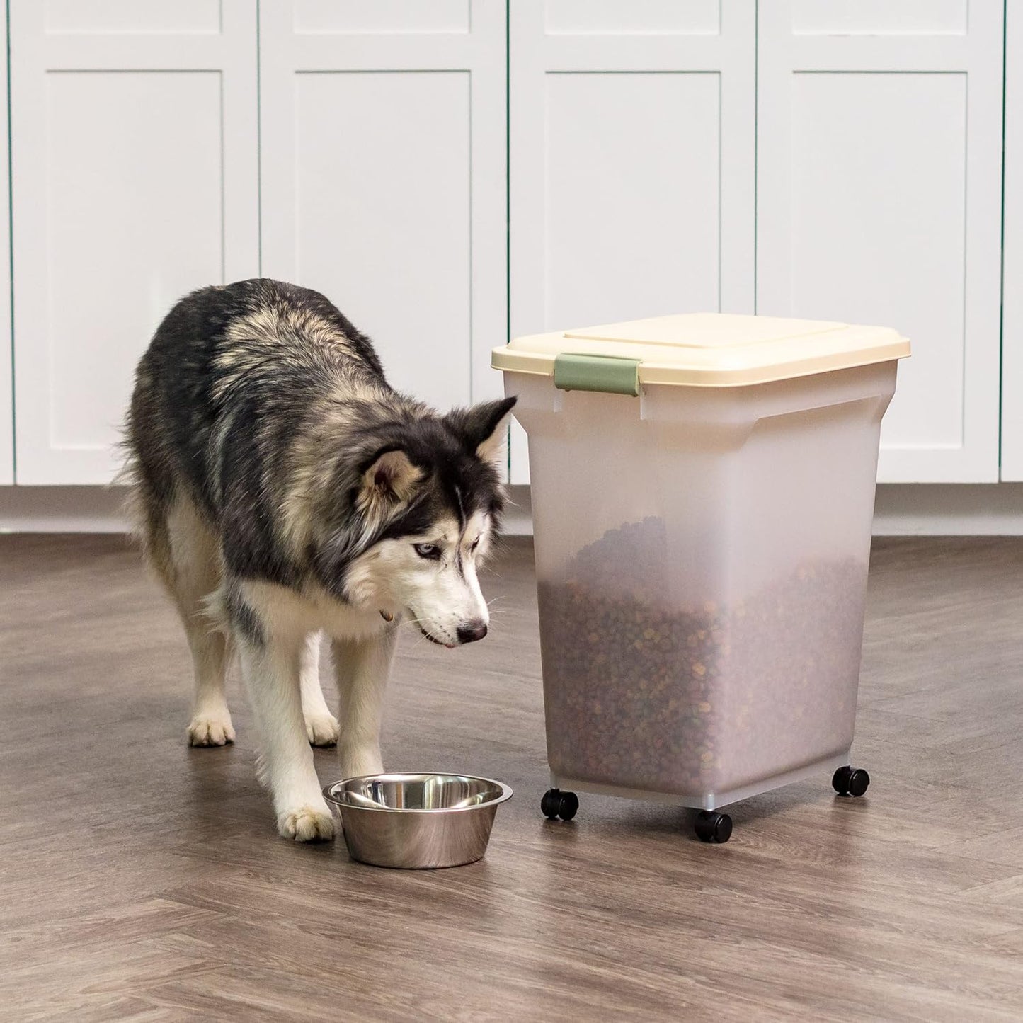 IRIS USA Airtight Dog Food Storage Container, WeatherPro, Up to 40 lbs, Removable Wheels, for Dog Cat Bird and Other Pet Food Storage Bin, Keep Fresh, Translucent Body, Made in USA, Clear/Almond