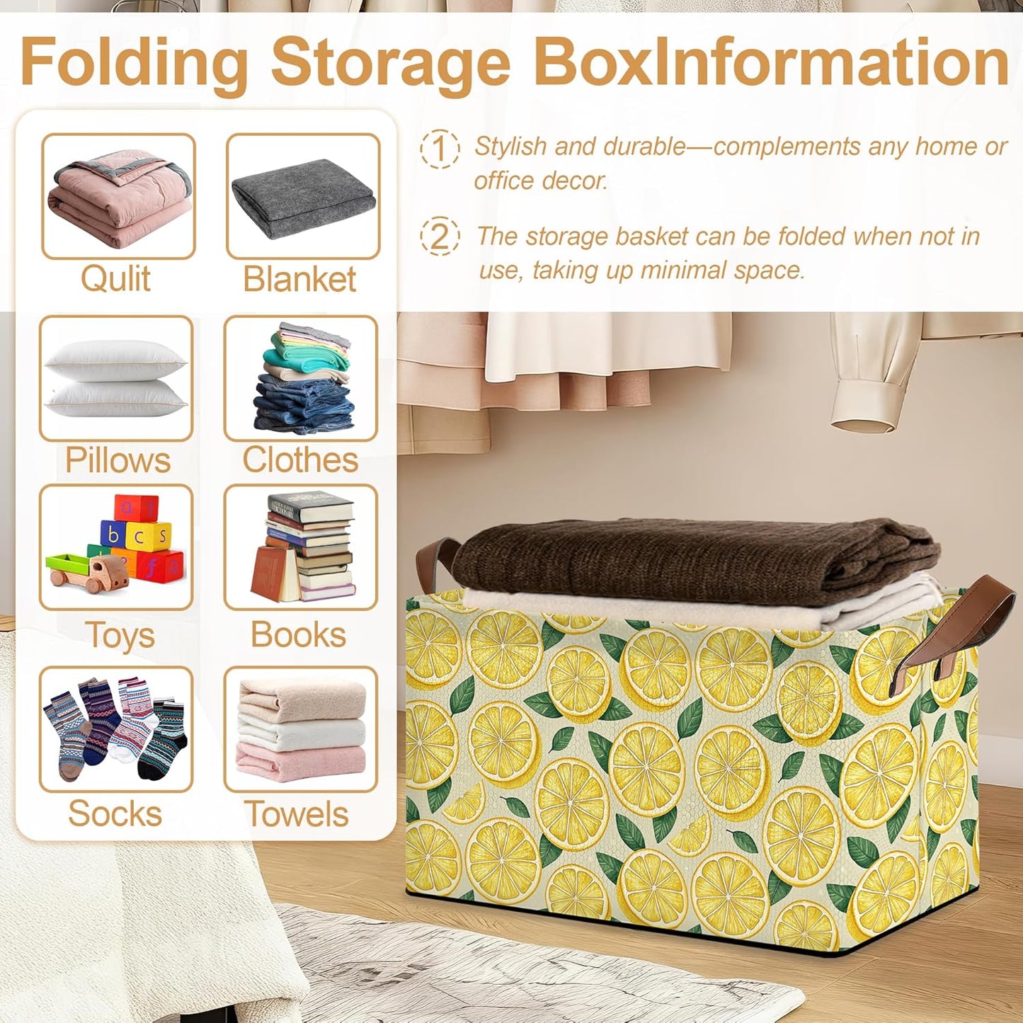 Lemon Storage Bin with Handles, Basket Storage Organizer for Shelves, Closet, Nursery, Book, Laundry Hamper & Home Decor