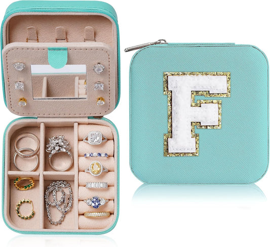 Parima Gifts for Mom - Small Travel Jewelry Box, Travel Jewelry Case with Mirror for Necklace Earrings Rings Organizer | Birthday Gifts Christmas Travel Gifts for Mom - Letter F, Aqua Blue