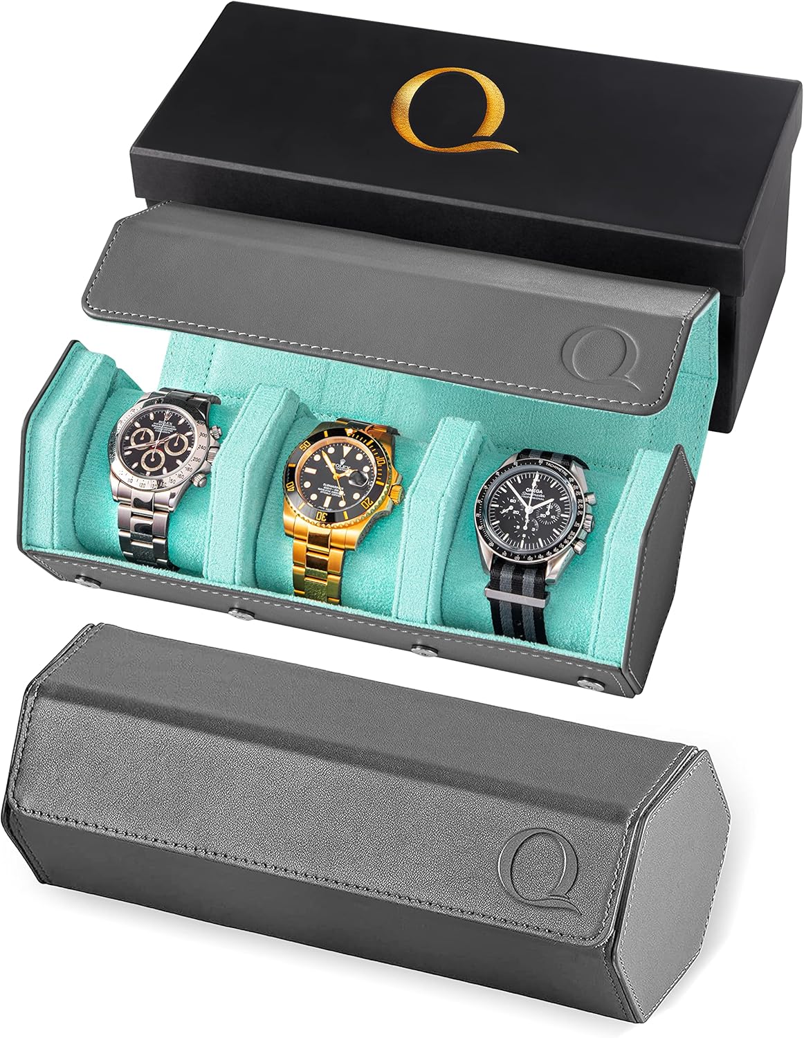 QWATCHBANDS Napa Leather Watch Rolls for Men - Hexagon Triple Watch Roll Travel Case 3 Watches - Storage Organizer Genuine Leather with Velvet Interior Display (Gray/Turquoise)