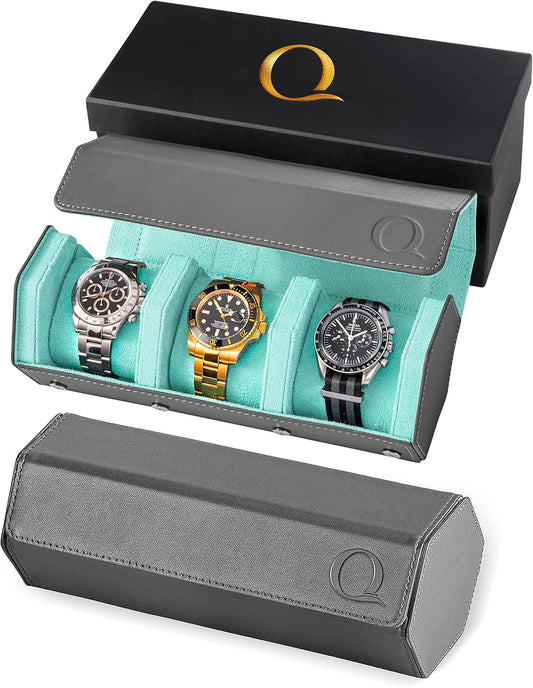 QWATCHBANDS Napa Leather Watch Rolls for Men - Hexagon Triple Watch Roll Travel Case 3 Watches - Storage Organizer Genuine Leather with Velvet Interior Display (Gray/Turquoise)
